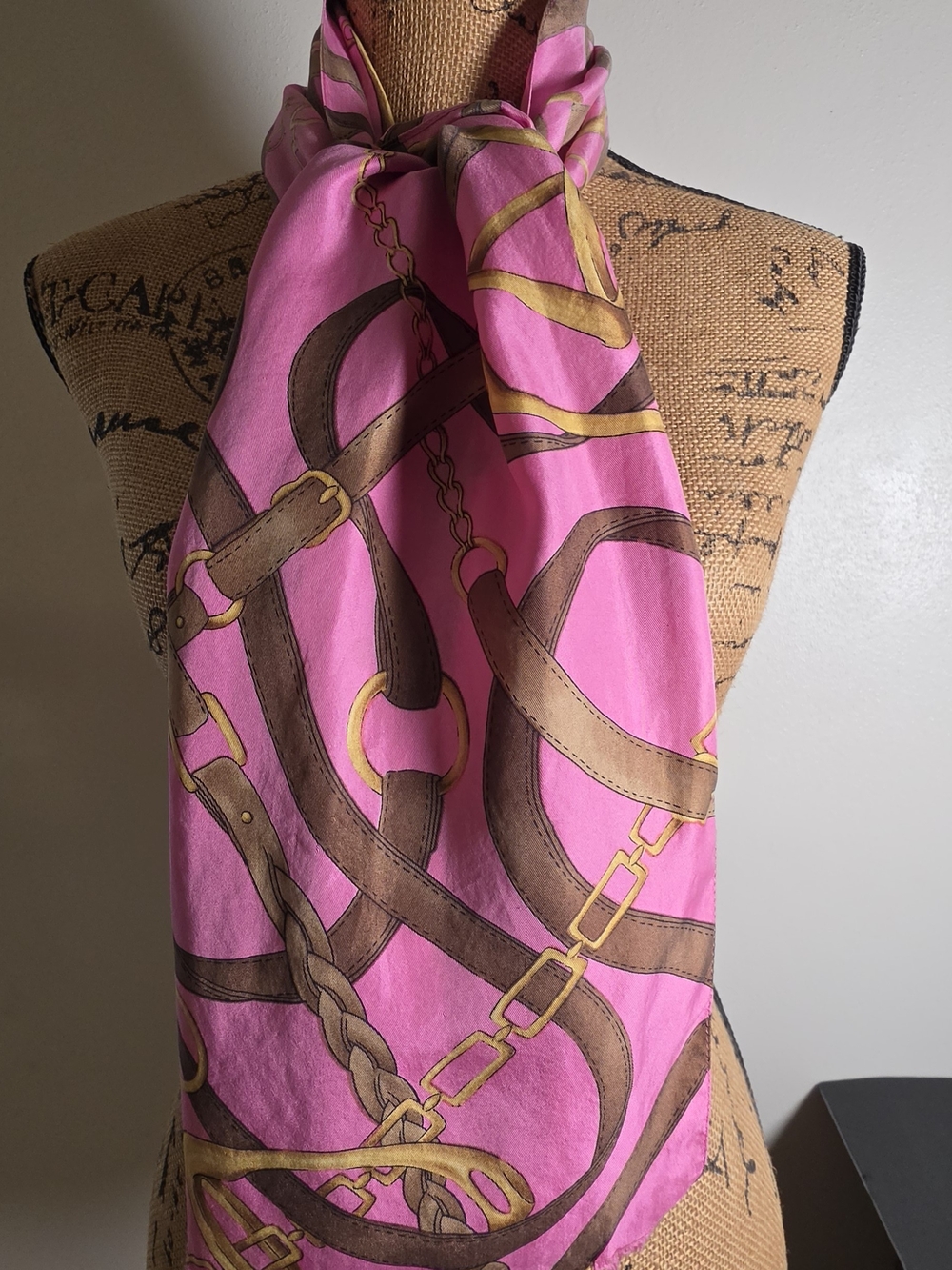Ralph Lauren Pink Silk Scarf with Brown Strap and Gold Chain Print